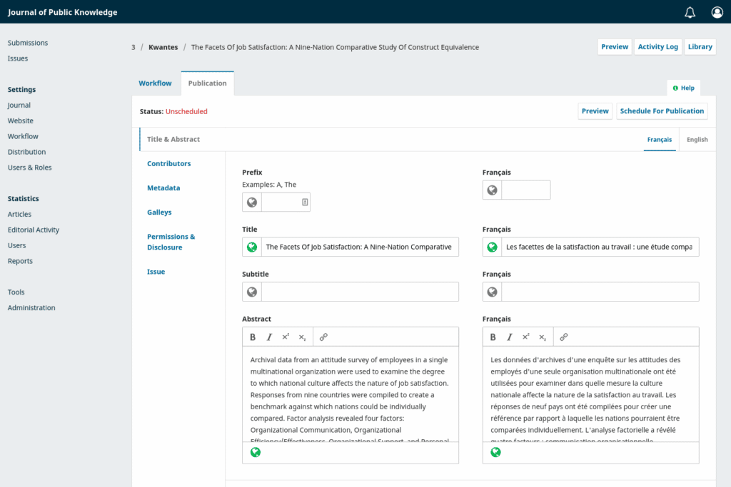 Screenshot of multilingual publication metadata in OJS