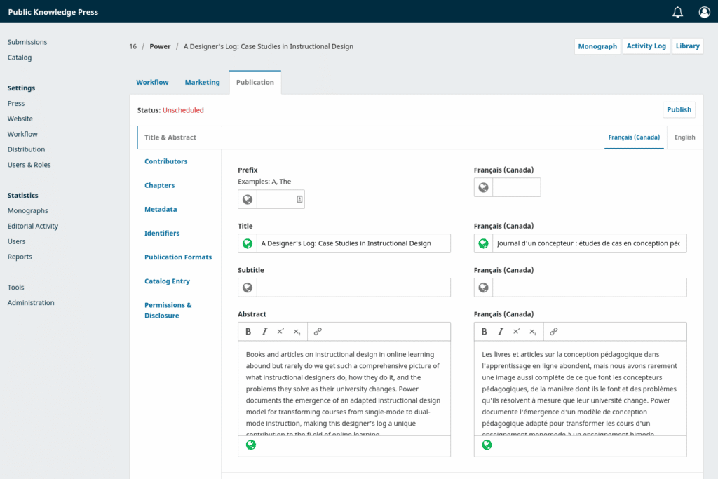 Screenshot of multilingual book metadata in OMP