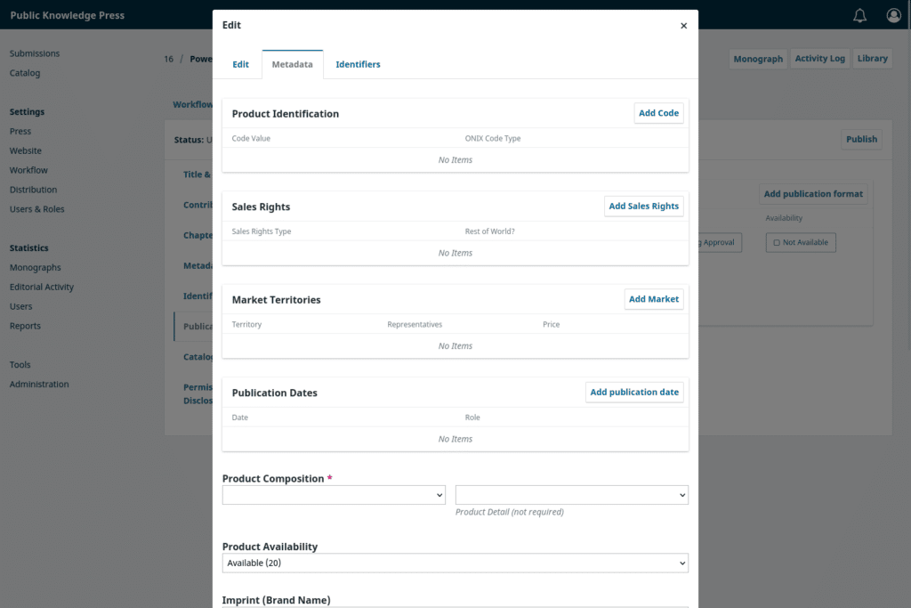 Screenshot of ONIX book metadata in OMP