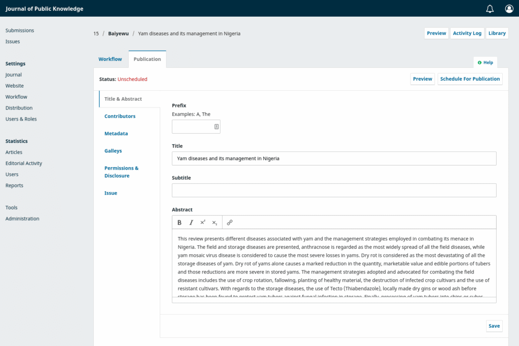 Screenshot of the production metadata screen in OJS