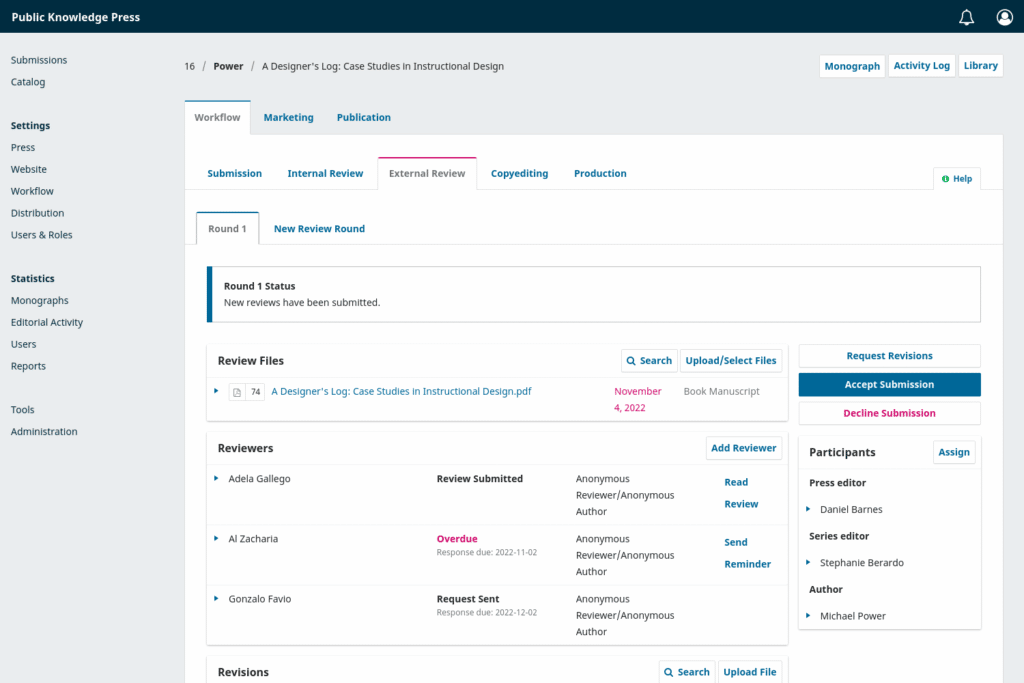 Screenshot of the review stage of the editorial workflow in OMP