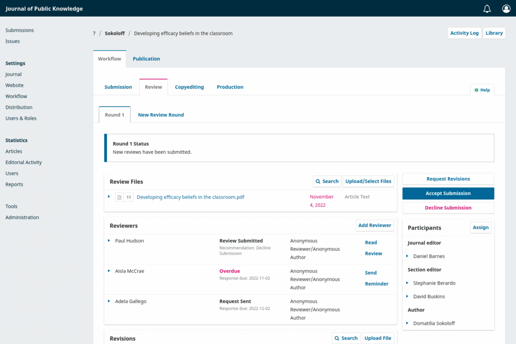 Screenshot of the review stage of the editorial workflow in OJS