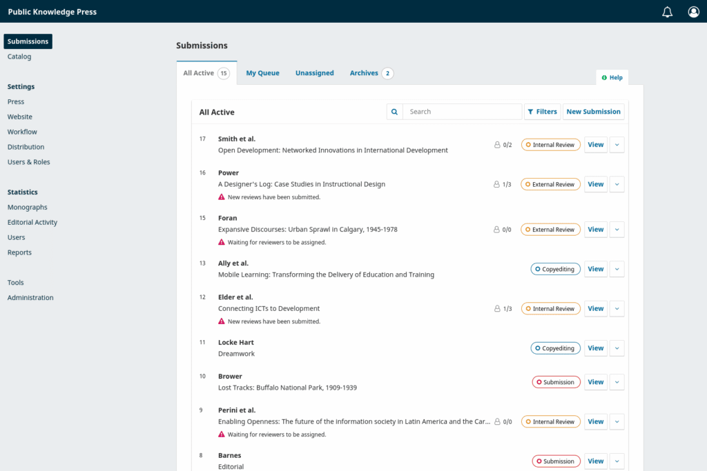 Screenshot of the editorial list of submissions in OMP