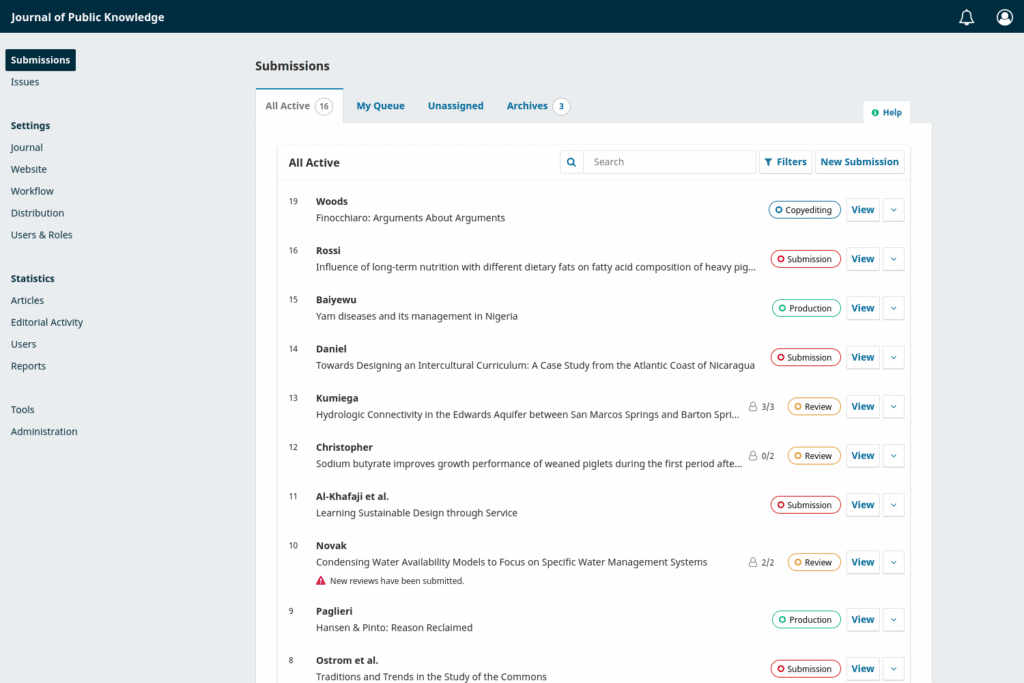 Screenshot of the editorial list of submissions in OJS