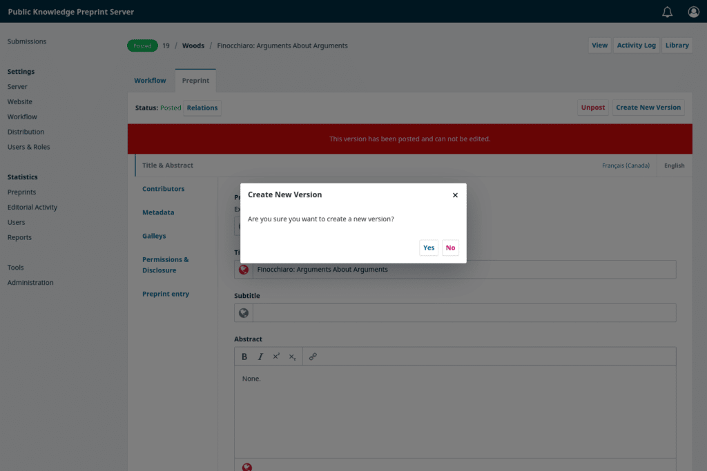 Screenshot of creating a new version of a published article in OJS
