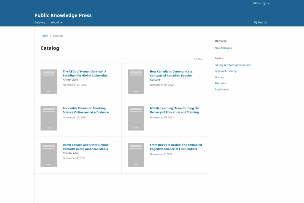 Screenshot of the book catalog in OMP