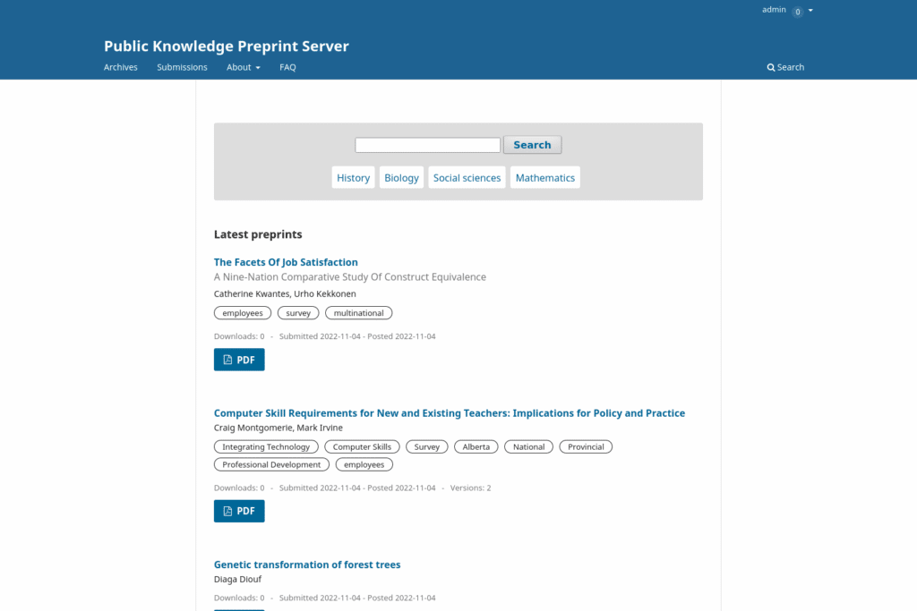 Screenshot of the homepage of a preprint server in OPS