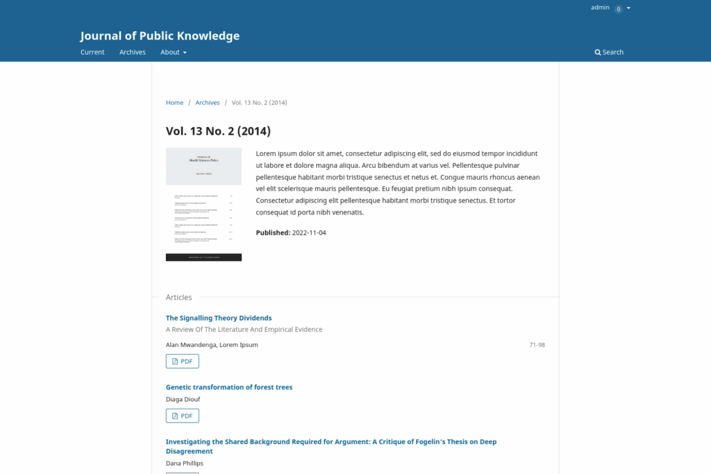 Screenshot of a published issue in OJS