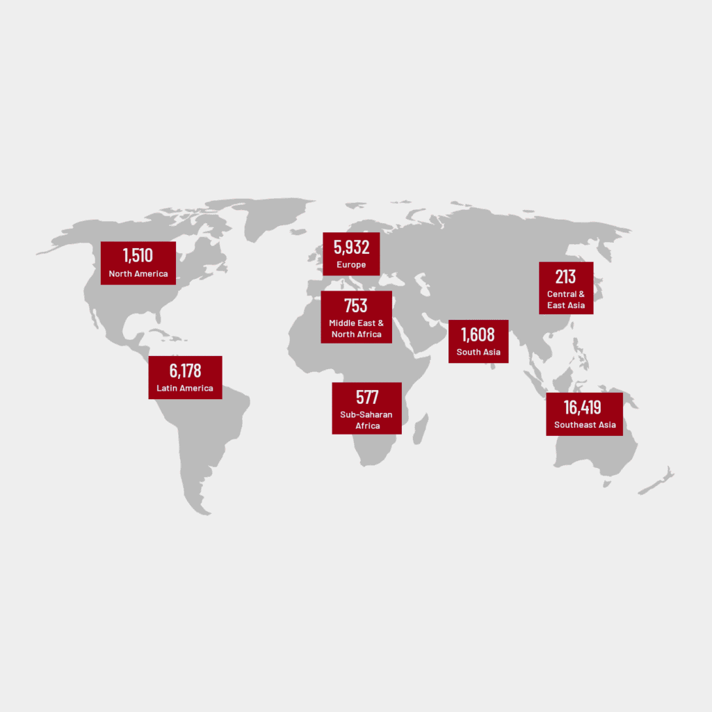 Map of the world showing number of journals per region