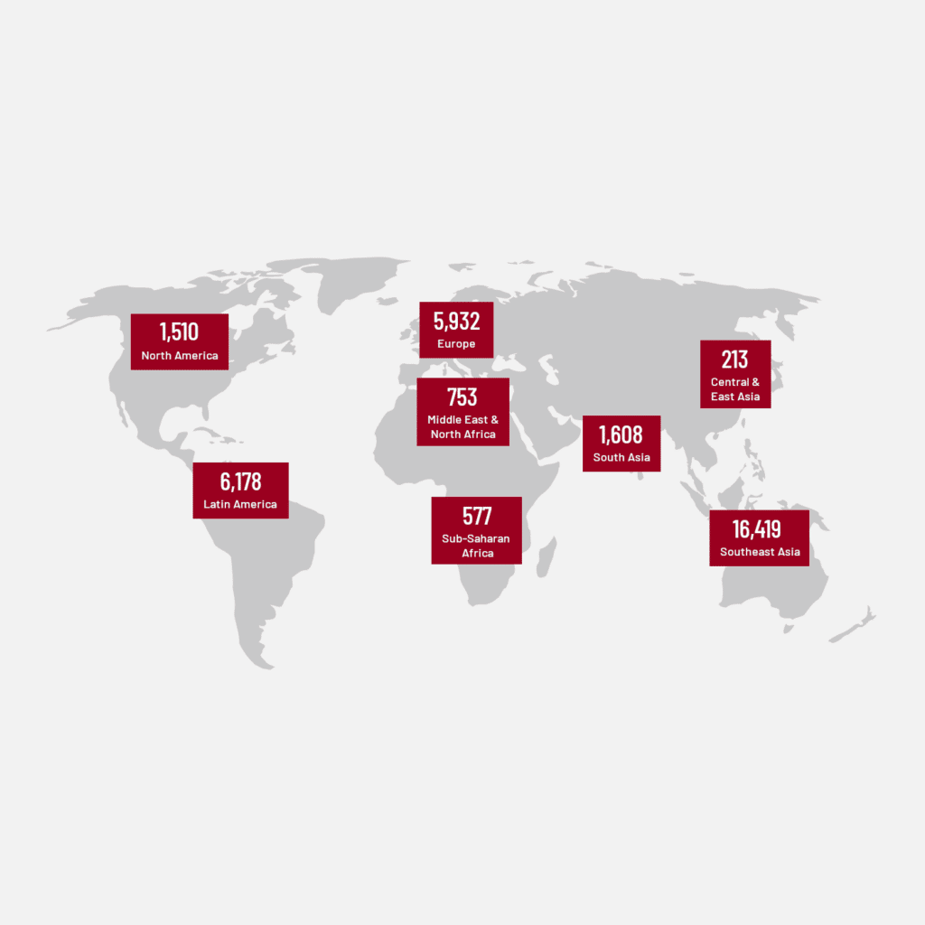 Map of the world showing number of journals per region