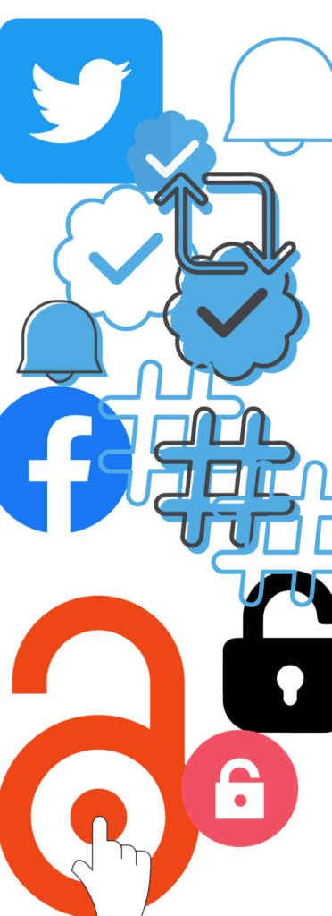 Social media symbols like twitter and Facebook likes, verifications, hashtags, and then open access symbols at the bottom, representing the question of the relationship between social media and open access.