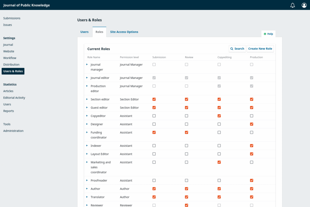Screenshot of the user role configuration screen in OJS