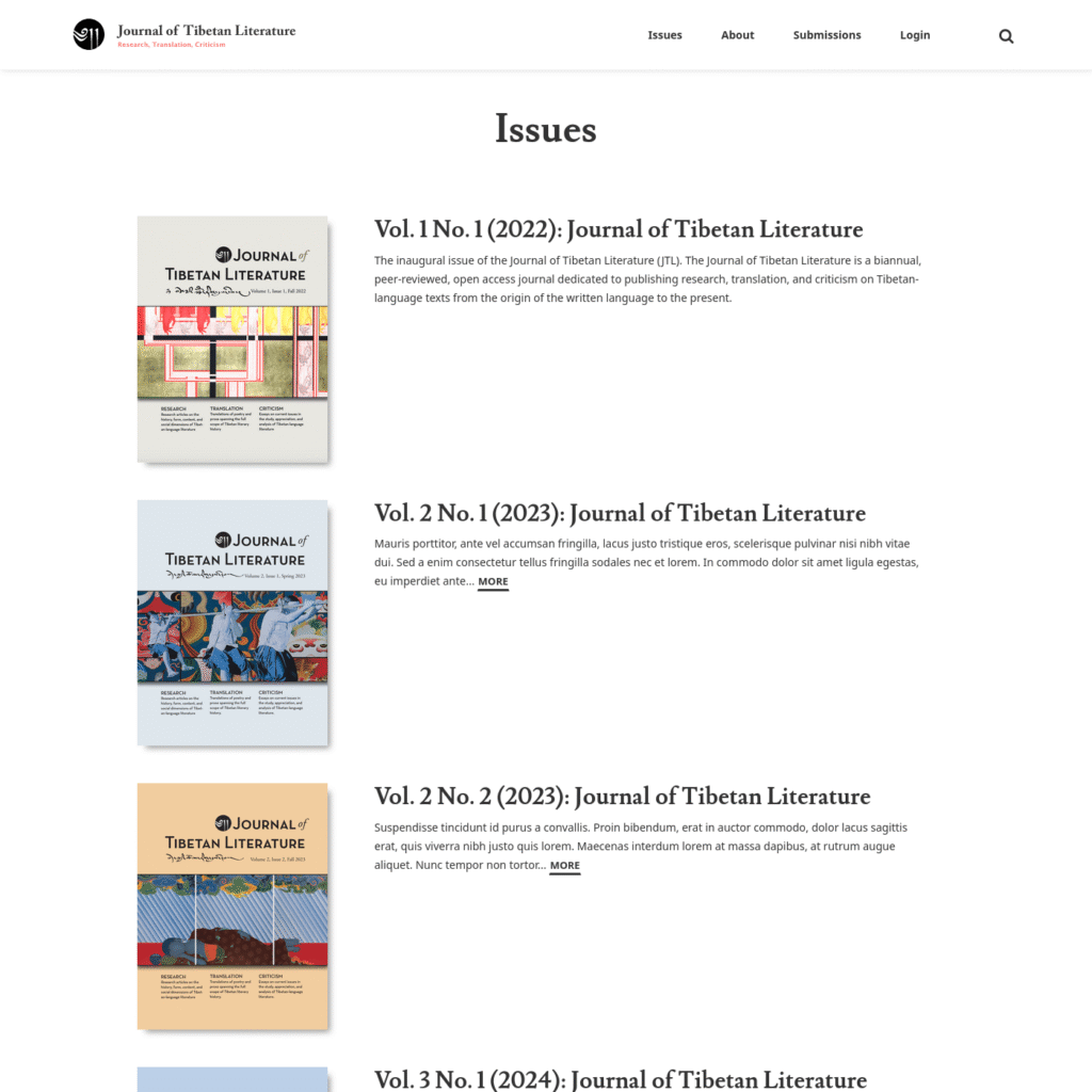 Screenshot of issue archive for Journal of Tibetan Literature