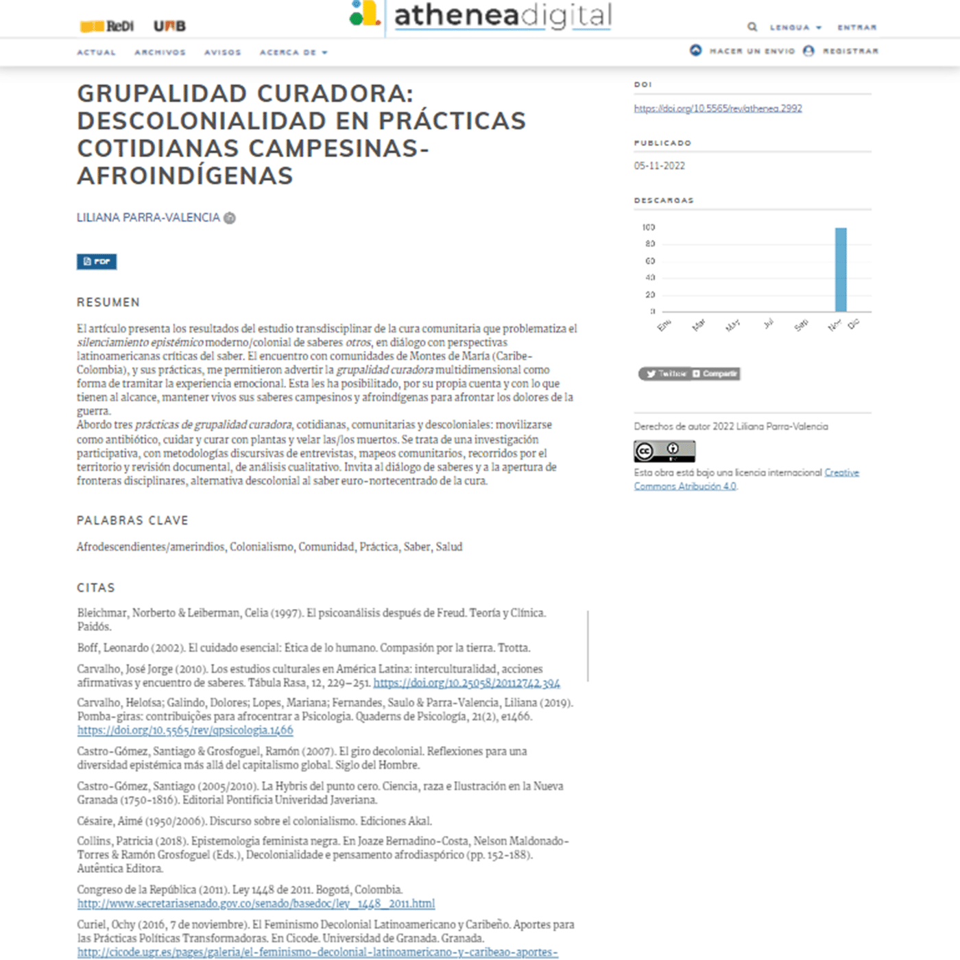The article preview can hold the article PDF link button, the abstract, the keywords, reference list, some metadata and some impact graphs, as well as social media buttons and the Creative Commons logo and license link. 