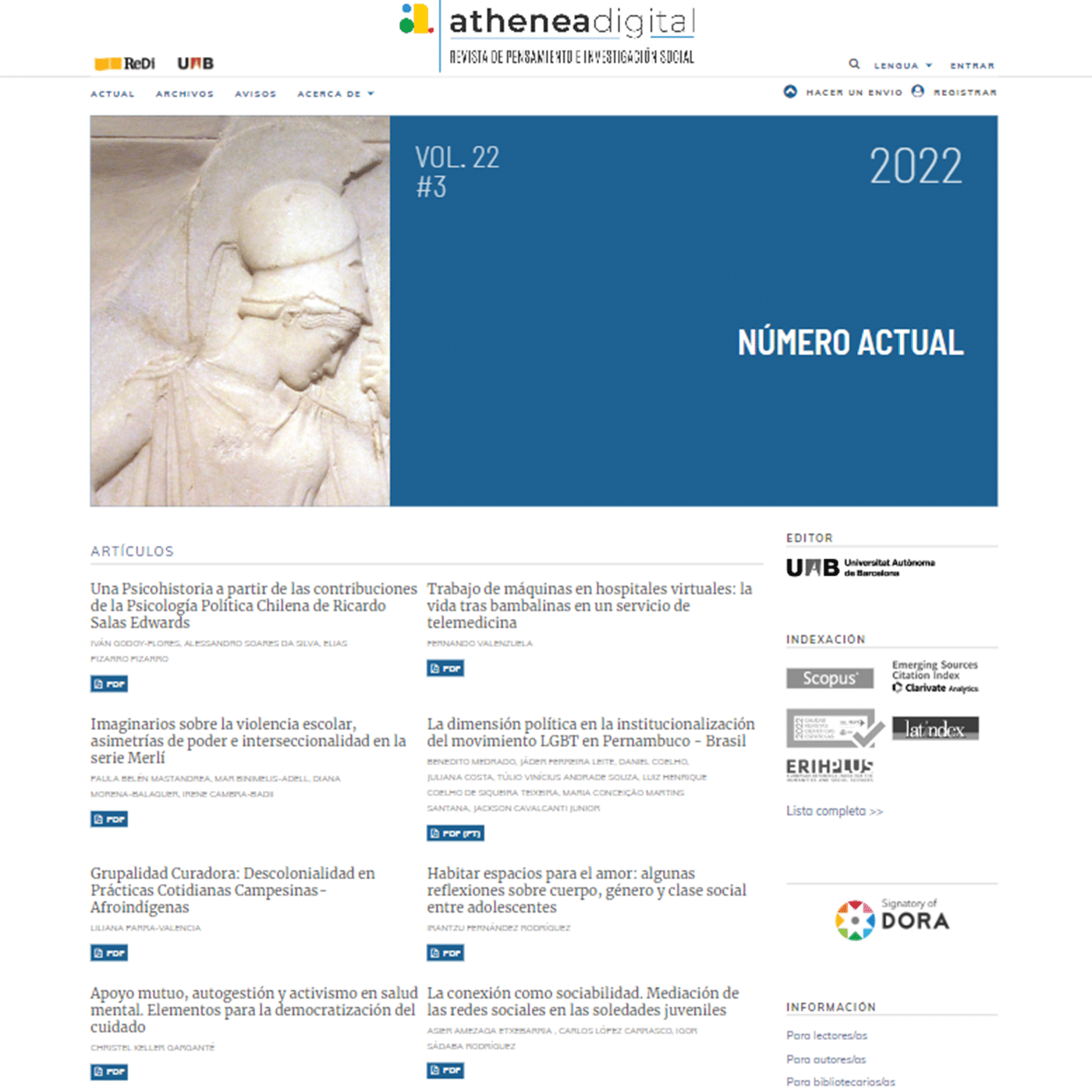 The homepage pf Athenea Digital utilizes a dominant banner visual theme and a straight-away cut to accessible articles. The sidebar features editor institution information and logo, indexers and their logos, DORA database logo, and further links for more information.