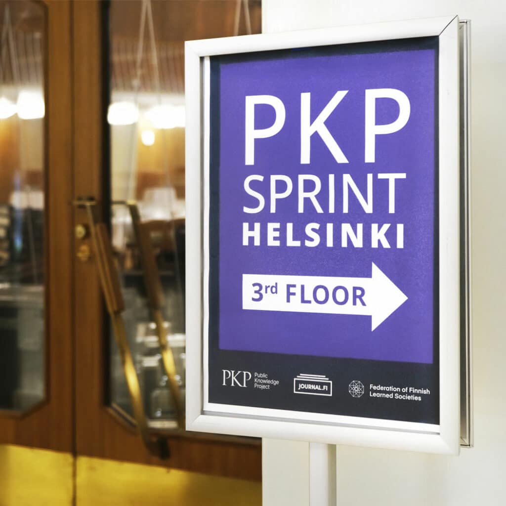 Sign inviting attendees and participants to join the PKP Sprint in Helsinki, summer of 2022.