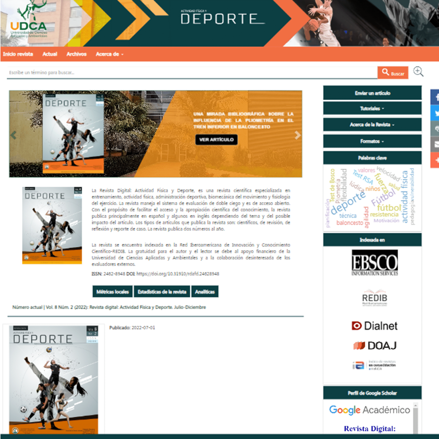 Cover page of La Revista Digital: Actividad Física y Deporte shows how themes and layouts can be utilized with OJS. 