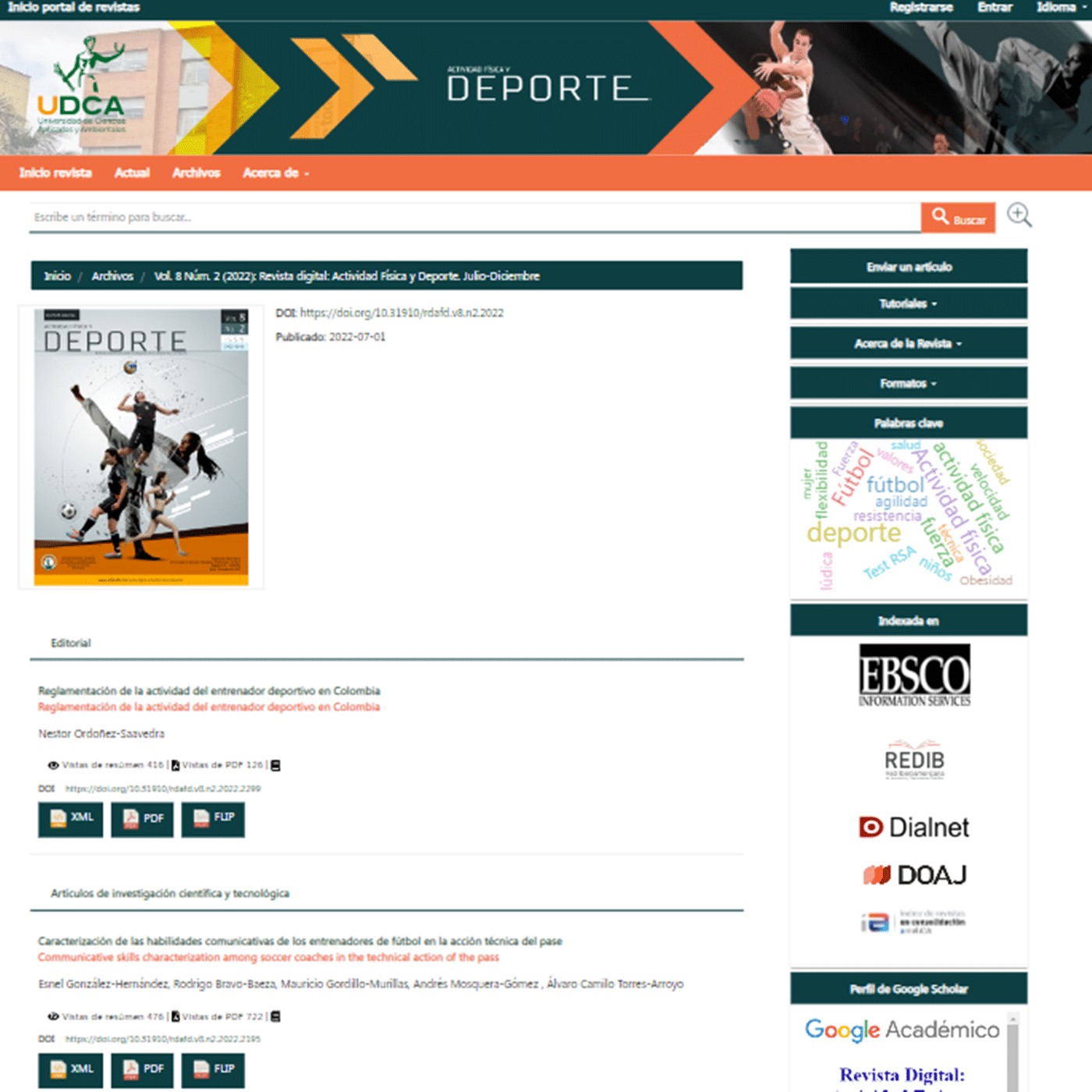 The issue page of La Revista Digital: Actividad Física y Deporte showing the various options for downloading and accessing the journal articles. 