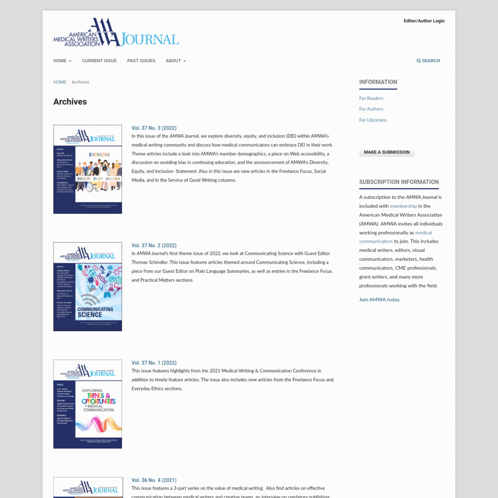 Screenshot of the issue archive for the AMWA Journal