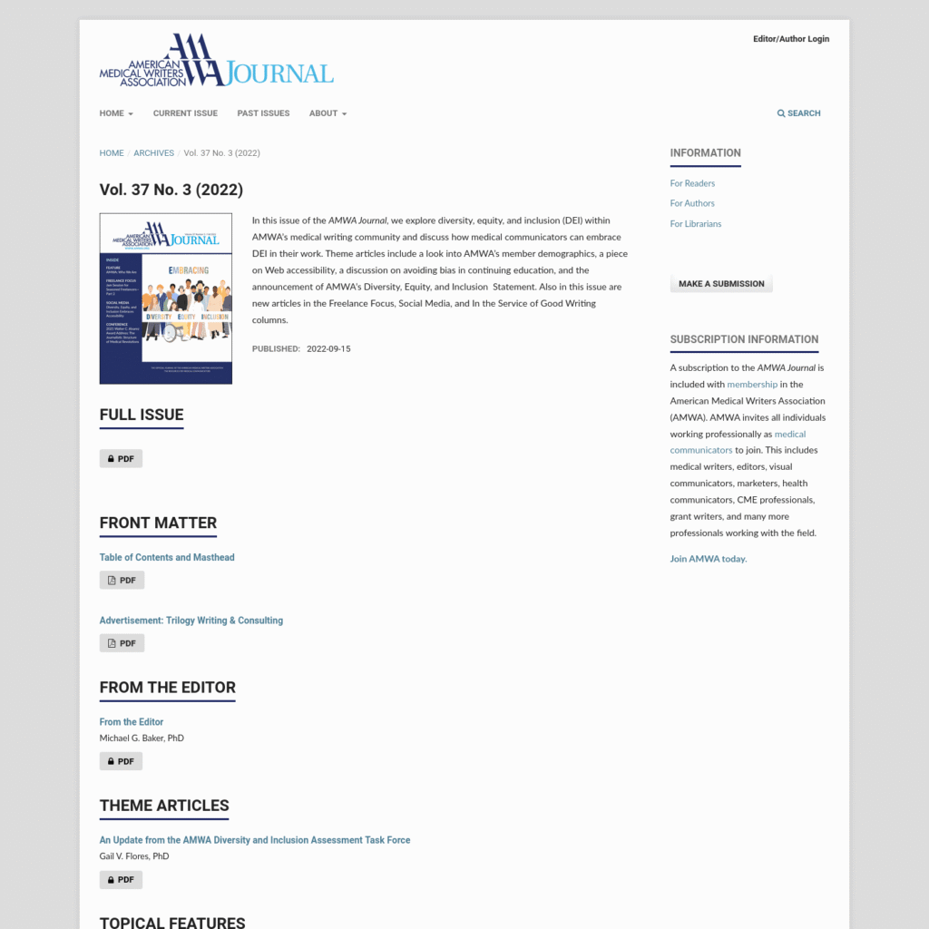 Screenshot of the table of contents of an issue in AMWA Journal