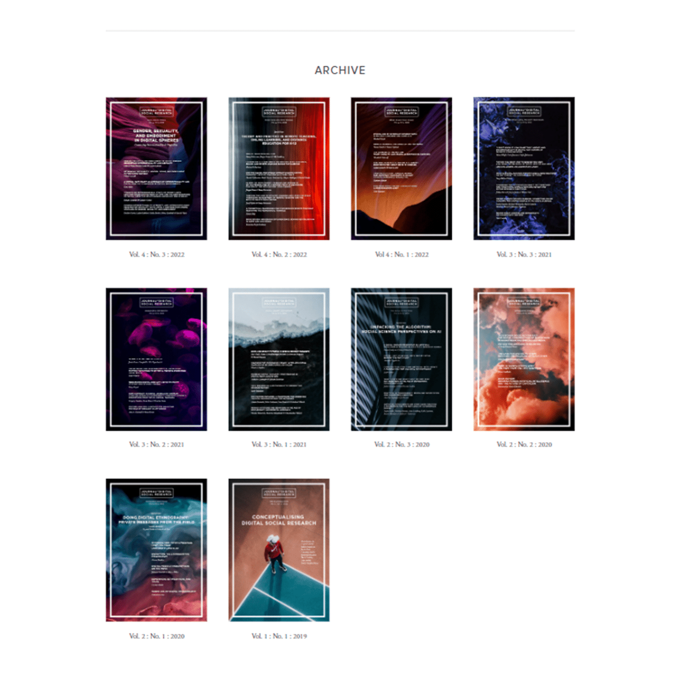 This image shows that the archive is laid out in a 4 by 3 grid pattern of issue covers with their titles underneath. 