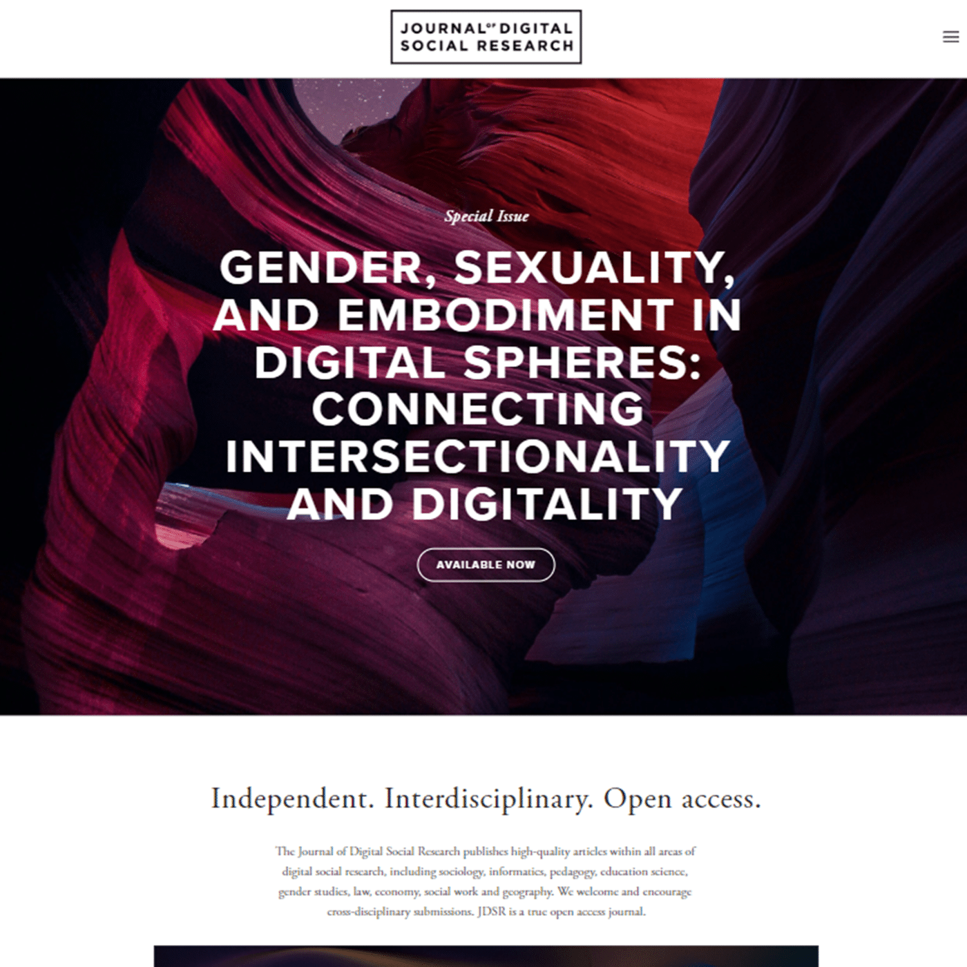 The homepage of this journal shows how any copy such as the title of a special issue can be overlaid across the entire screen with any image full-screen in the background, and call to action button can be utilized.