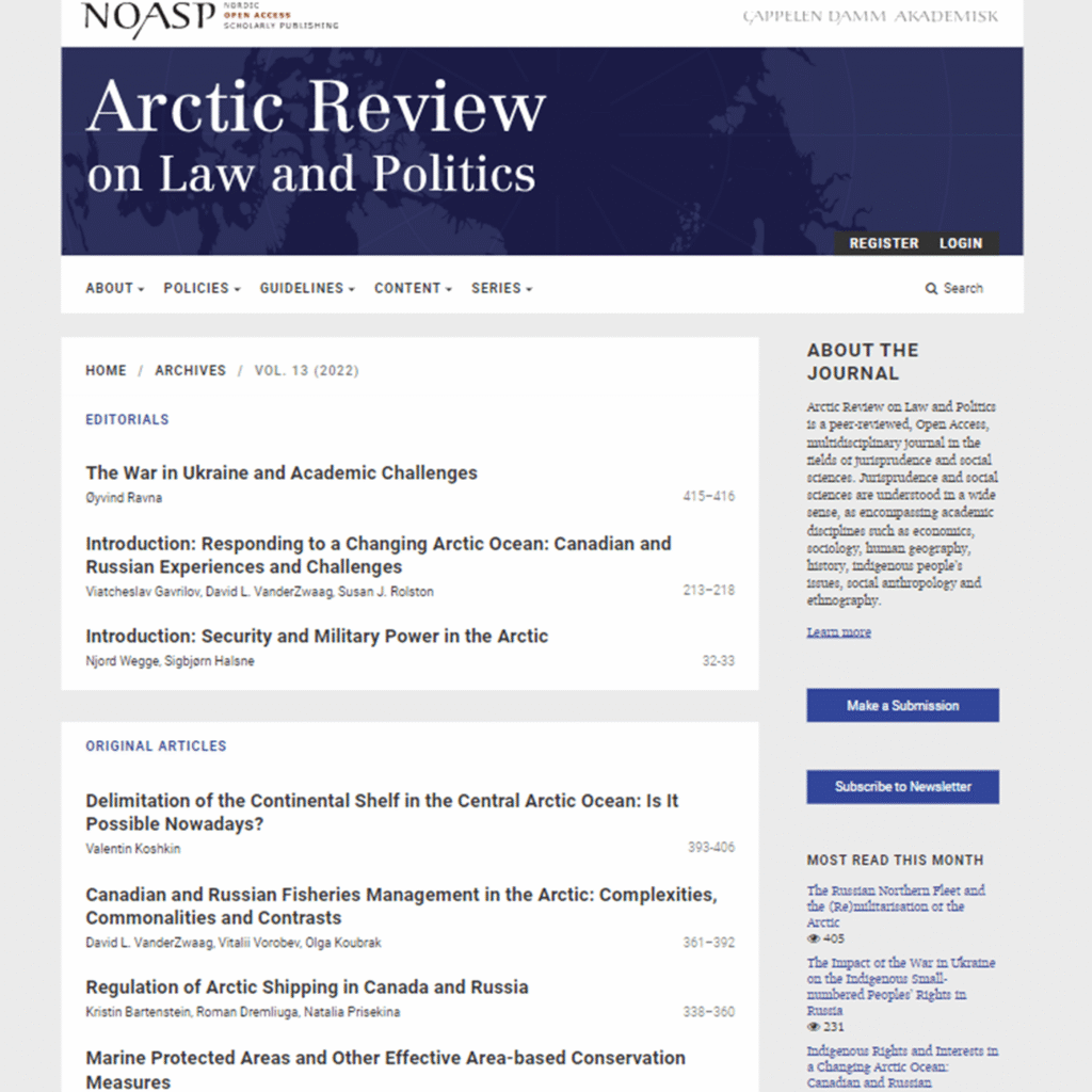 This page shows an overview of an issue, including a breakdown by section, titles, page numbers, authors and more. The right column displays information about the journal, calls to action (make a submission, subscribe to newsletter), and a 'most read articles this month' feed. 