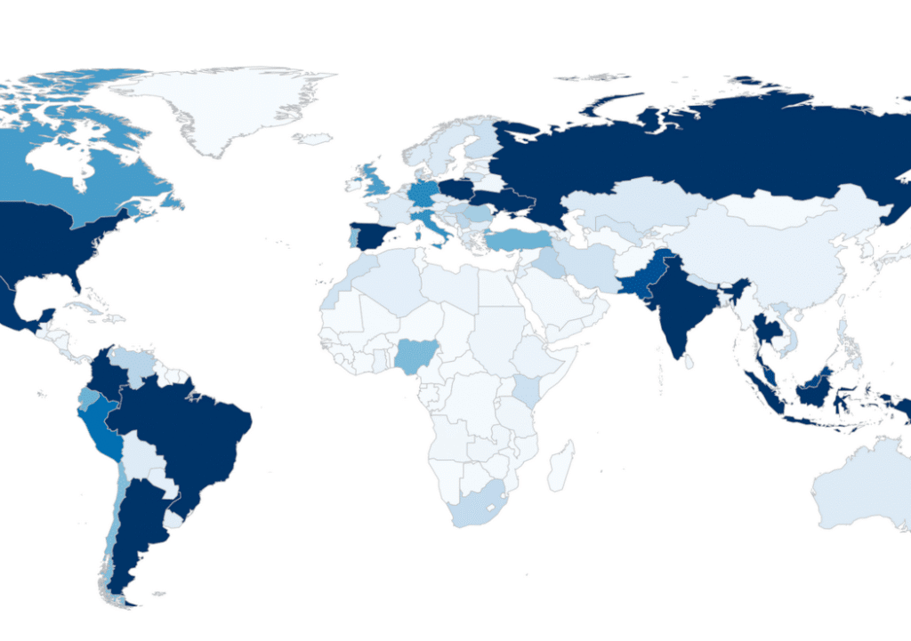 Map of the world showing OJS usage in 2021 by country