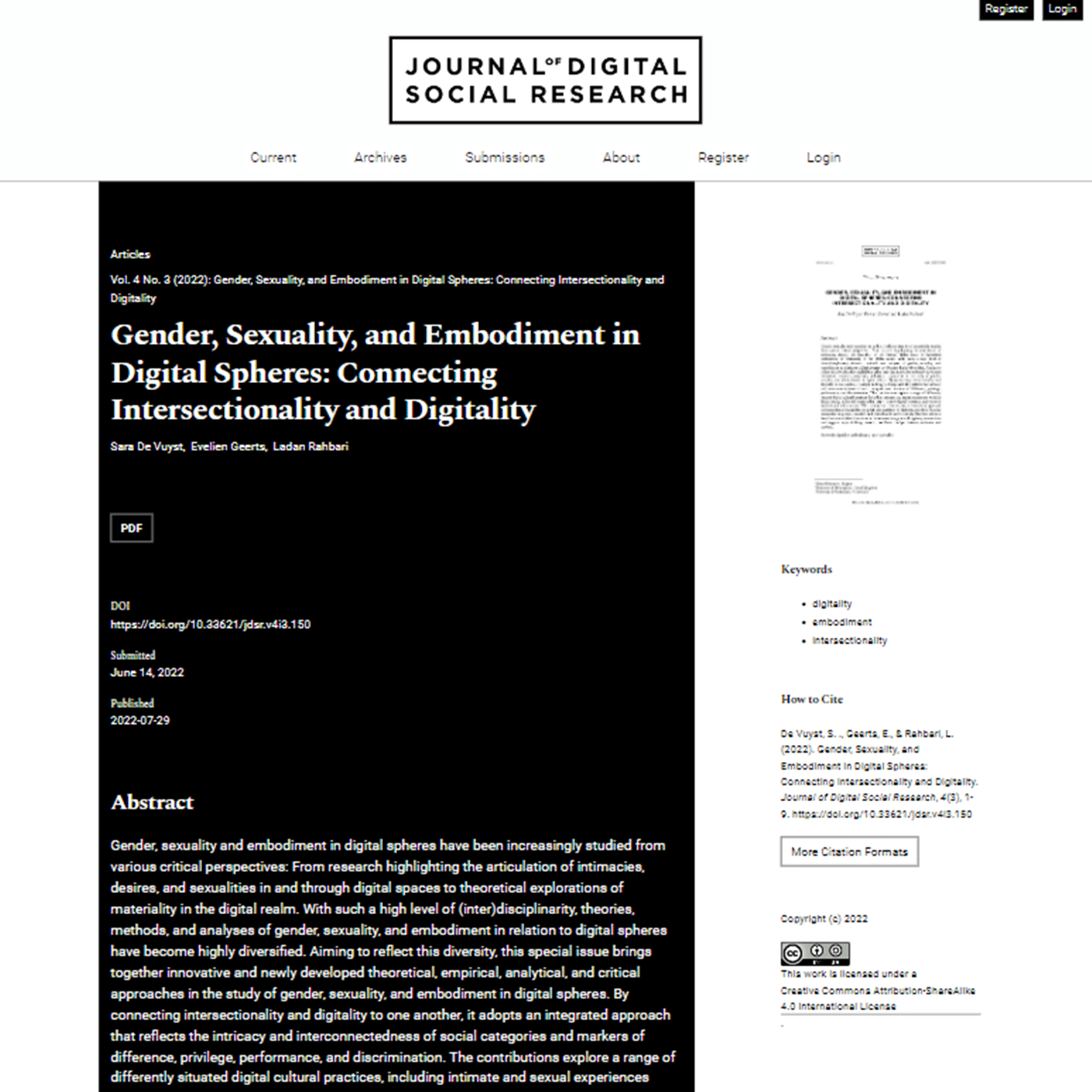 The paper preview shows how a reverse theme can be used to have white text over black background. The preview is formatted with the black side on the left housing the typeset looking paper, and the white side on the right housing an alternative view of the paper, the keywords, how to cite, and other information. 