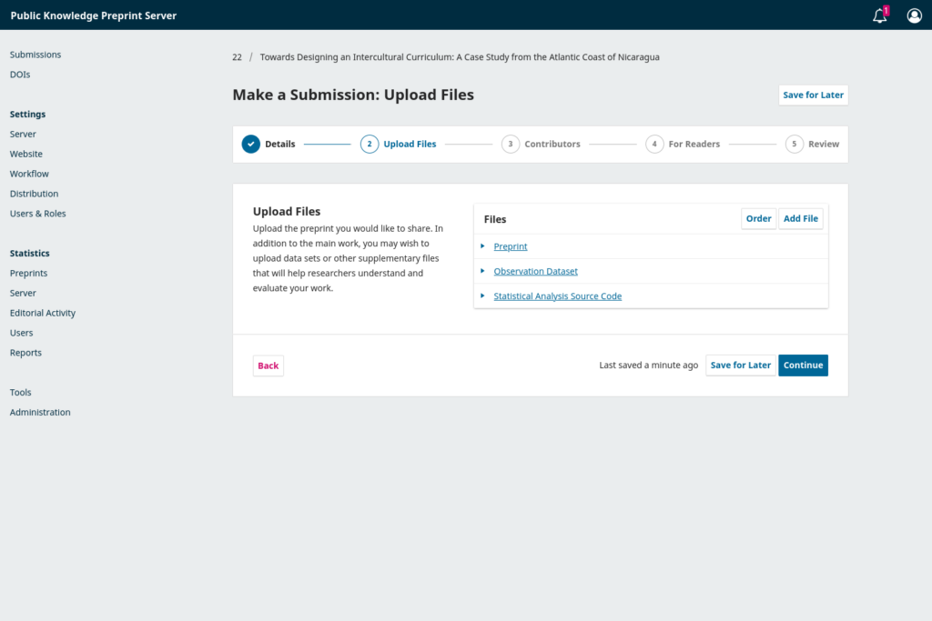 Screenshot of the file upload step of the submission wizard in OPS