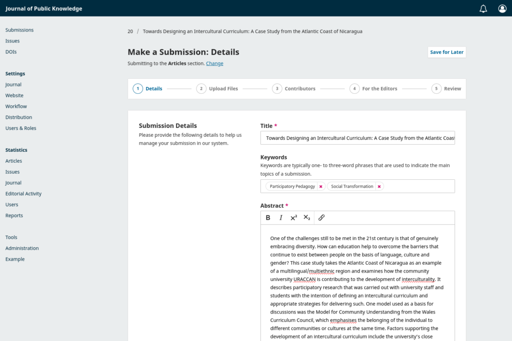 Screenshot of the submission wizard in OJS