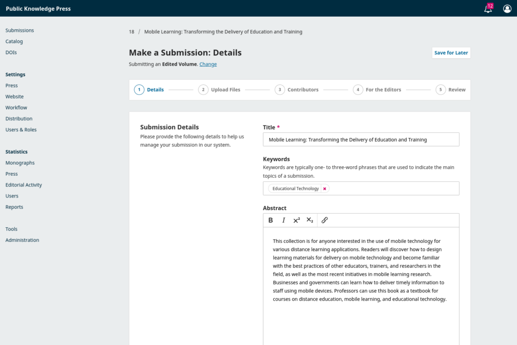 Screenshot of the submission wizard in OMP
