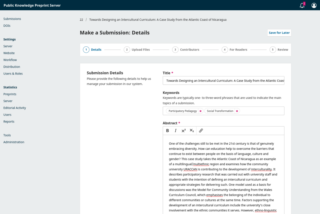 Screenshot of the submission wizard in OPS