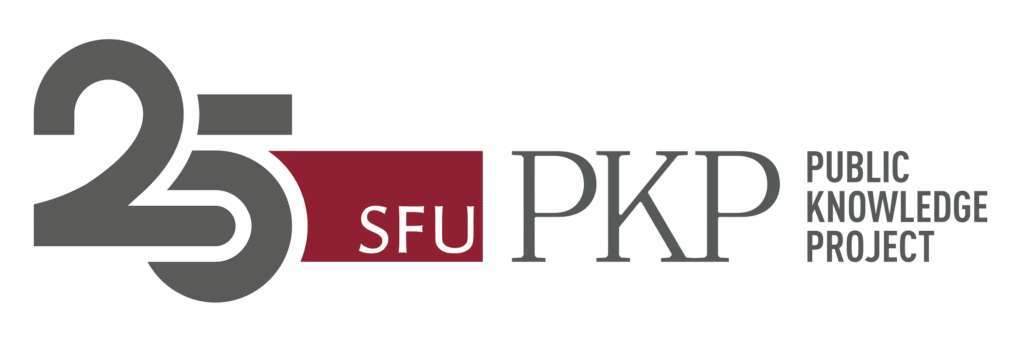 The PKP 25 Year Anniversary Logo is grey and red in a horizontal orientation - the "25" is enlarged in grey, then the SFU is captured in it's typical red background with white "SFU" lettering, and "PKP follows in it's classic font, in grey. 