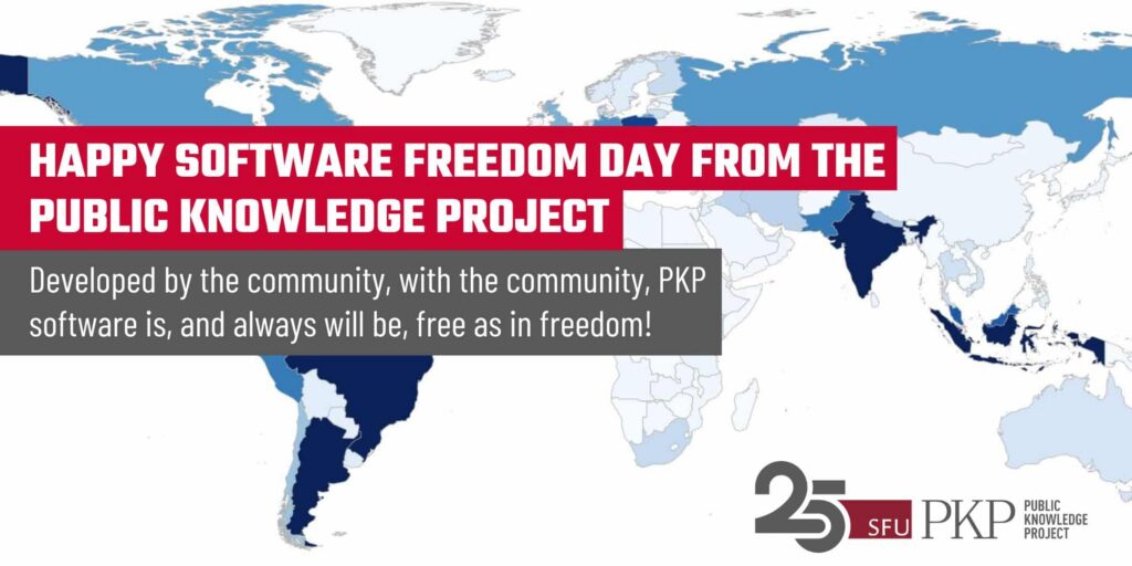 Happy Software Freedom Day from the Public Knowledge Project - developed by the community, with the community, PKP software is, and always will be, free as in freedom! 

The described foreground text main message is in white CAPS Teko font on a red highlighted-style background. The sub-text is in white Barlow Condensed font over a grey background that matches the grey of the PKP 25th Anniversary logo in the bottom right corner. 

The map in the background shows the world by country, each of which is shaded in a different blue hue to show the concentrations of OJS journal usage by country in 2021.  