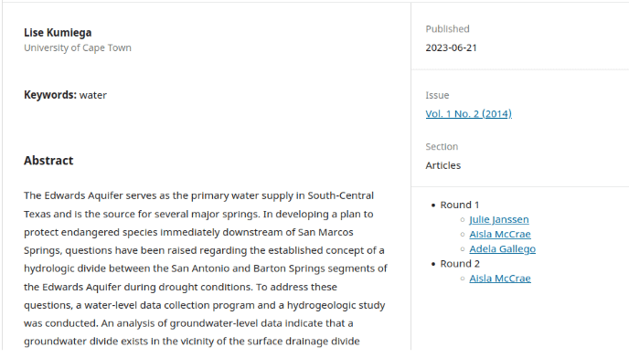 Screen shot of the OJS Article landing page where review rounds and reviewer names are also published