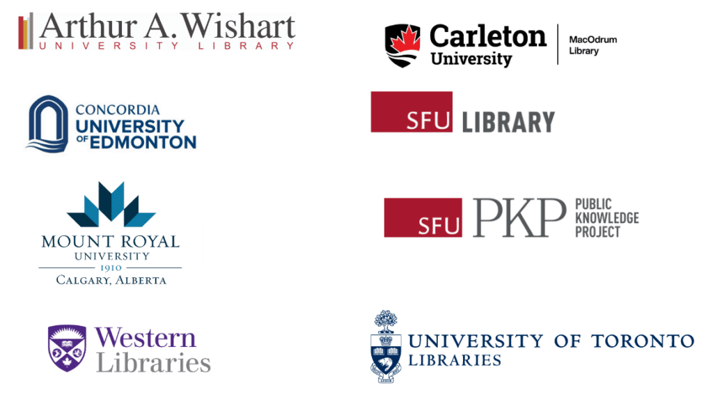 Logos of SJF 2024 Organizing Committee: Algoma University’s Arthur A. Wishart Library, Carleton University MacOdrum Library, Concordia University of Edmonton Library, Mount Royal University Library, Simon Fraser University Library, University of Toronto Libraries, University of Windsor, and Western University Libraries.