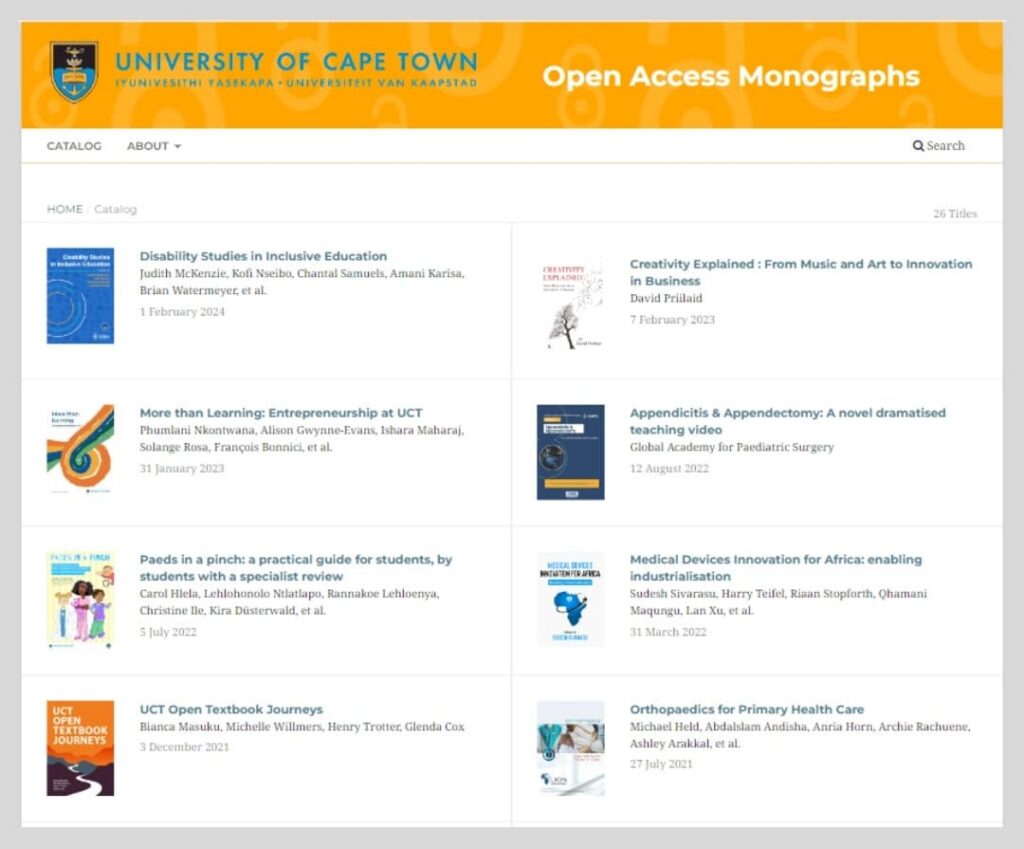 University of Cape Town Open Access Monographs OMP catalogue framed screenshot