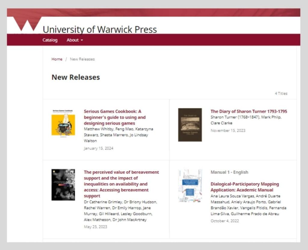 University of Warwick Press catalogue OMP framed screenshot