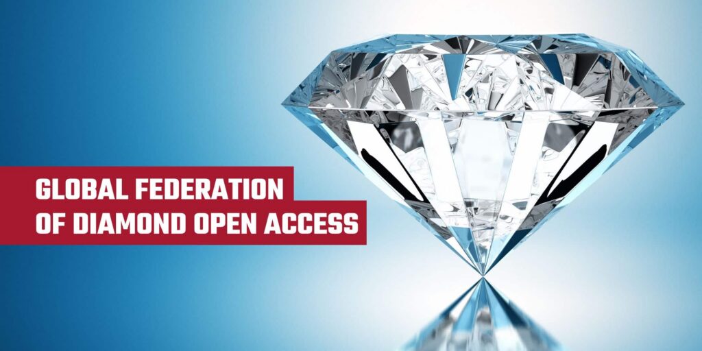 A graphic of a diamond, and its reflection below, along with some information about the blog post; that is the post is about a Global Federation of Diamond Open Access.