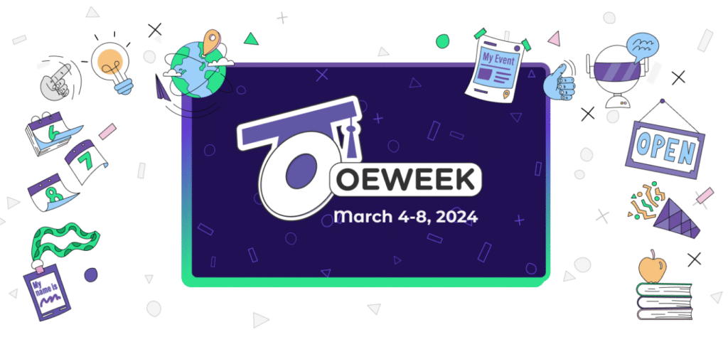 The Open Education Week graphic asset shows the date from March 4th to 8th, 2024. The "O" stands for "open" and the O has a scholar's hat on top of it. The main logo is surrounded with graphics of open signs, party poppers, event flyers, calendar days flying around, lightbulbs, conference badges, books, and a globe with location marker on it.