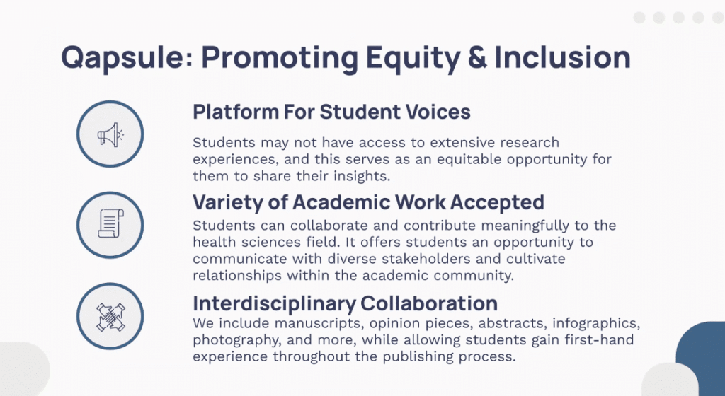 Slide showing importance of promoting equity and inclusion, such as ensuring a platform for student voices, varieties of academic work accepted, and interdisciplinary collaboration.