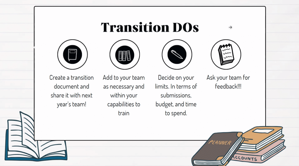 Slide on tips to consider when transitioning -- create transition documentation, add to your team within your capability to train, decide your limits, and ask your team for feedback.