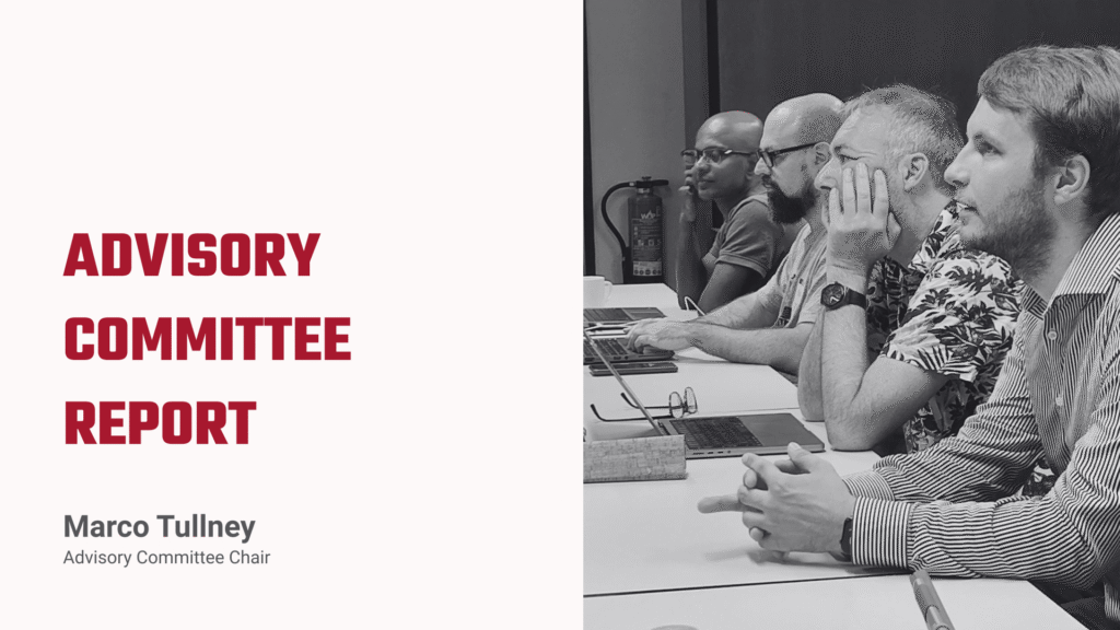 Image of the Advisory Committee Report presentation by Marco Tullney, Advisory Committee Chair, with attendees focused and engaged in the discussion. (AGM 2024)