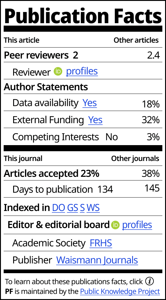 The Publication Facts Label is like a rectangle divided into four quadrants. Quadrant one (upper left) is for this article. Quadrant 2 (upper right) is for other articles. Quadrant 3 (lower left) is for this journal. Quadrant 4 (lower right) is for other journals. The Publication Facts include peer-reviewers, reviewer ORCID ID's, author statements, articles accepted, indexing, and editorial board. There is a "learn more about these publication facts" icon at the lower right corner of the label. The PFL is maintained by the Public Knowledge Project.