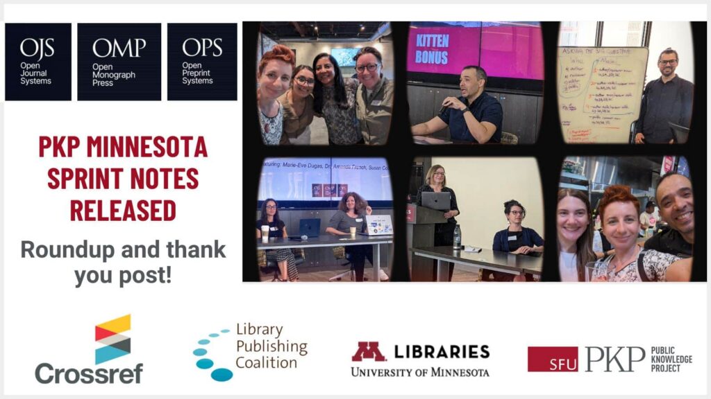 The blog post feature image includes the PKP software suite logos for Open Journal Systems, Open Monograph Press and Open Preprint Systems in the top left corner. The message is that the PKP Minnesota Sprint Notes have been released altogether in one roundup and thank you post. The logos of Crossref, Library Publishing Coalition, University of Minnesota Libraries, and PKP are side by side along the bottom, representing collaboration. There is a collage of six photographs ranging from happy group photos, to whiteboard brainstorming, to presentations. 