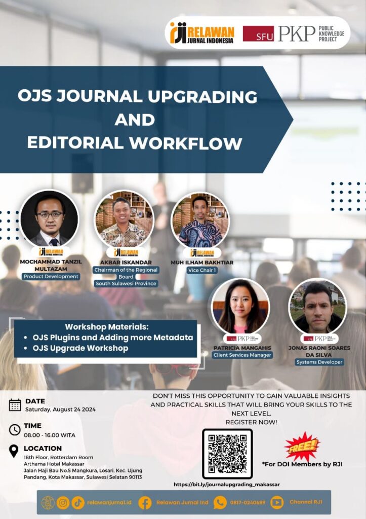 Starts with Relawan Jurnal Indonesia and PKP logos at the top right corner. Background photograph of a classroom full of people, from the back, transparent so that the text and images can come through. 

Mochammad wears a suit, Akbar wears a light patterned collared shirt, Muh wears an abstract patterned blue and shite shirt with swirls and trippy lines, Patricia is focused on the camera with a confident attitude, and Jonas is surrounded by nature and city, perhaps in cooler weather, as he shows himself directly to the camera. 

Contact info is presented
* On the web, Instagram and TiKTok: relawanjurnal.id
* Facebook: Relawan Jurnal Ind
* Phone: 0817- 0240 - 689
* YouTube: Channel RJI