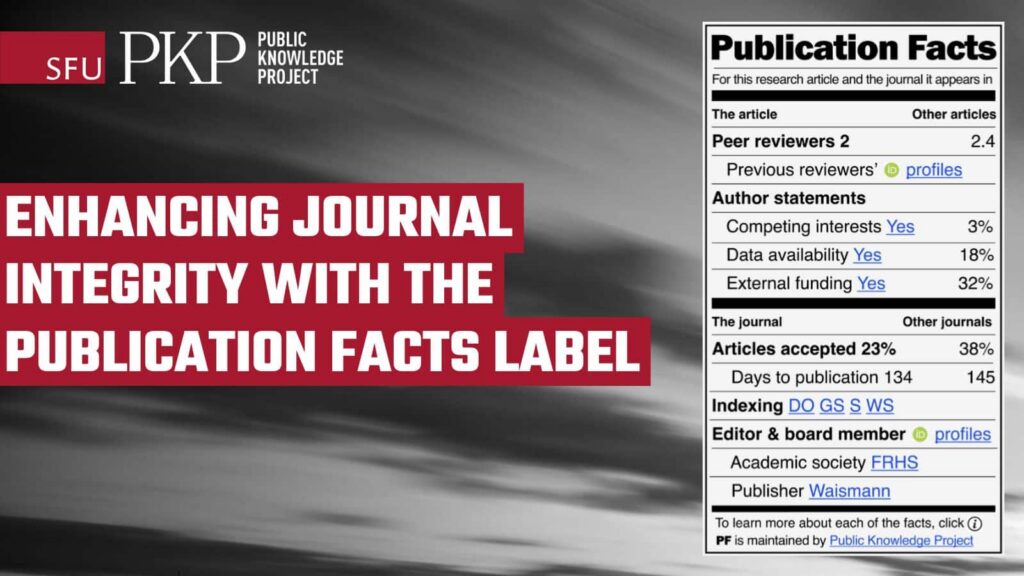 The Publication Facts Label is like a rectangle divided into four quadrants. Quadrant one (upper left) is for this article. Quadrant 2 (upper right) is for other articles. Quadrant 3 (lower left) is for this journal. Quadrant 4 (lower right) is for other journals. The Publication Facts include peer-reviewers, reviewer ORCID ID's, author statements, articles accepted, indexing, and editorial board. There is a "learn more about these publication facts" icon at the lower right corner of the label. The PFL is maintained by the Public Knowledge Project.
