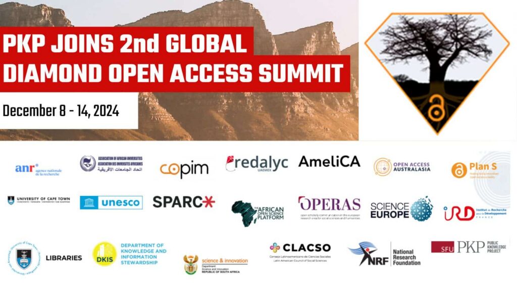PKP joins 2nd Global Diamond Open Access Summit, December 8 to 14, 2024. The 20 key partner logos are lined up at the bottom half of the image. The background photograph is of the mountains in Cape Town, South Africa, where the Summit will be held. 

The logo of the Summit represents the coming together of the baobab tree and open access as a symbol of resilience, community, and the interconnectedness of all life, reflecting values of inclusivity, empowerment, and social justice. At the root is the pursuance of knowledge for the betterment of society.