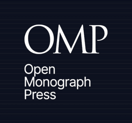OMP logo, very simple white text on a black background